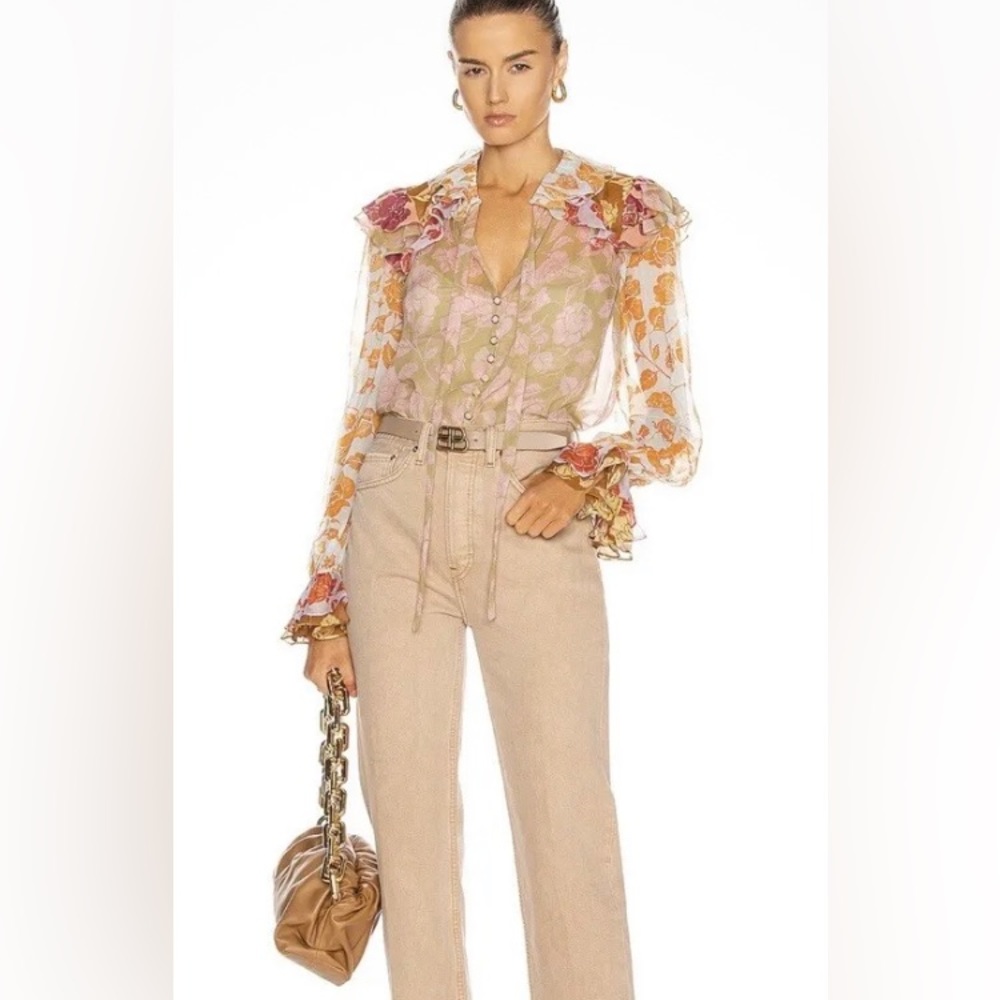 Zimmermann The Lovestruck Ruffle Silk  Shirt  Floral Roses Sheer blouse size 1 - Picture 9 of 12